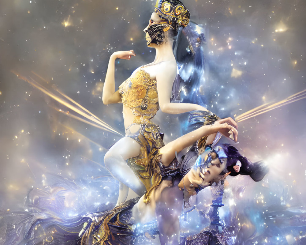 Ethereal figures in golden and blue costumes against celestial backdrop