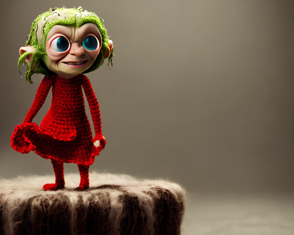 Green-skinned animated character in red dress on fluffy surface