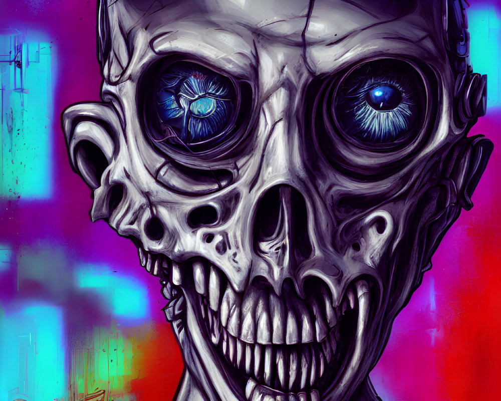 Skull with Blue Eyes on Colorful Graffiti Background