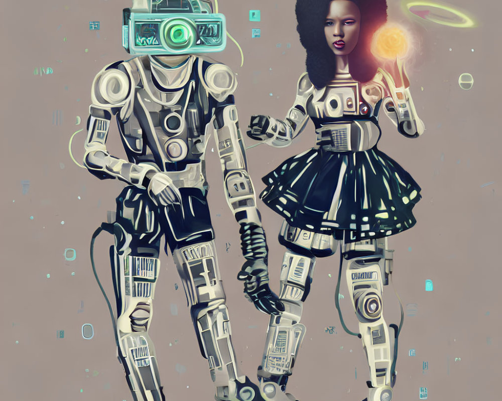 Illustration of astronaut and woman with afro in cosmic setting