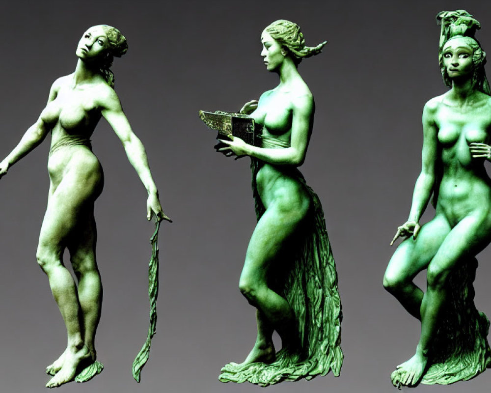 Classical female statues in various poses: staff, book, hand on hip