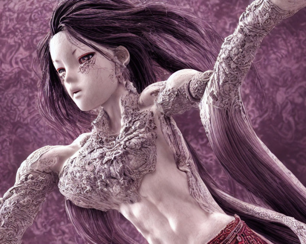 3D-rendered female figure in white lace and red garment on purple background