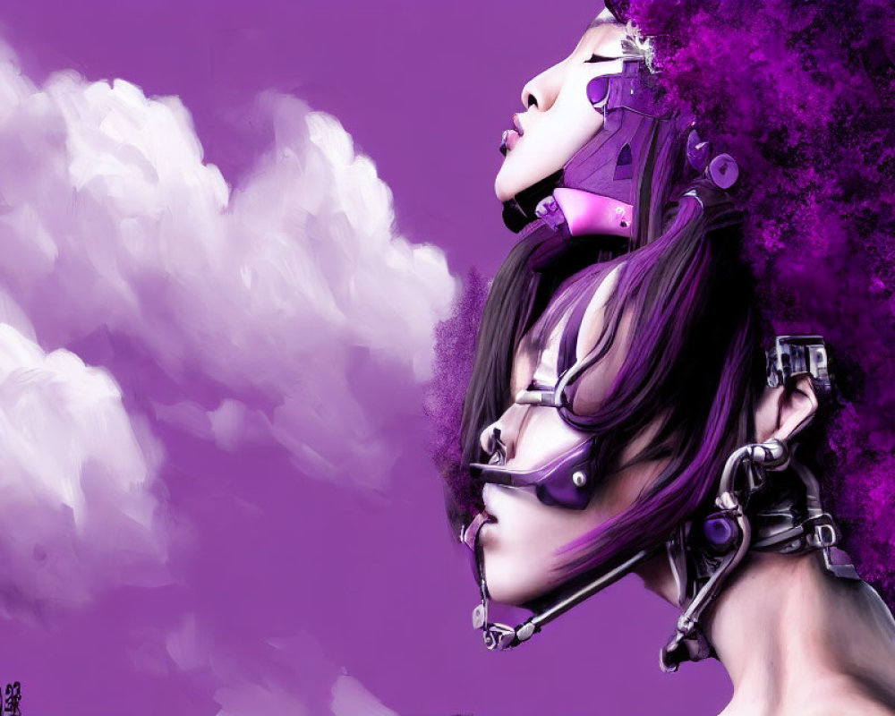 Person with Cybernetic Enhancements in Purple Against Cloud-Like Background