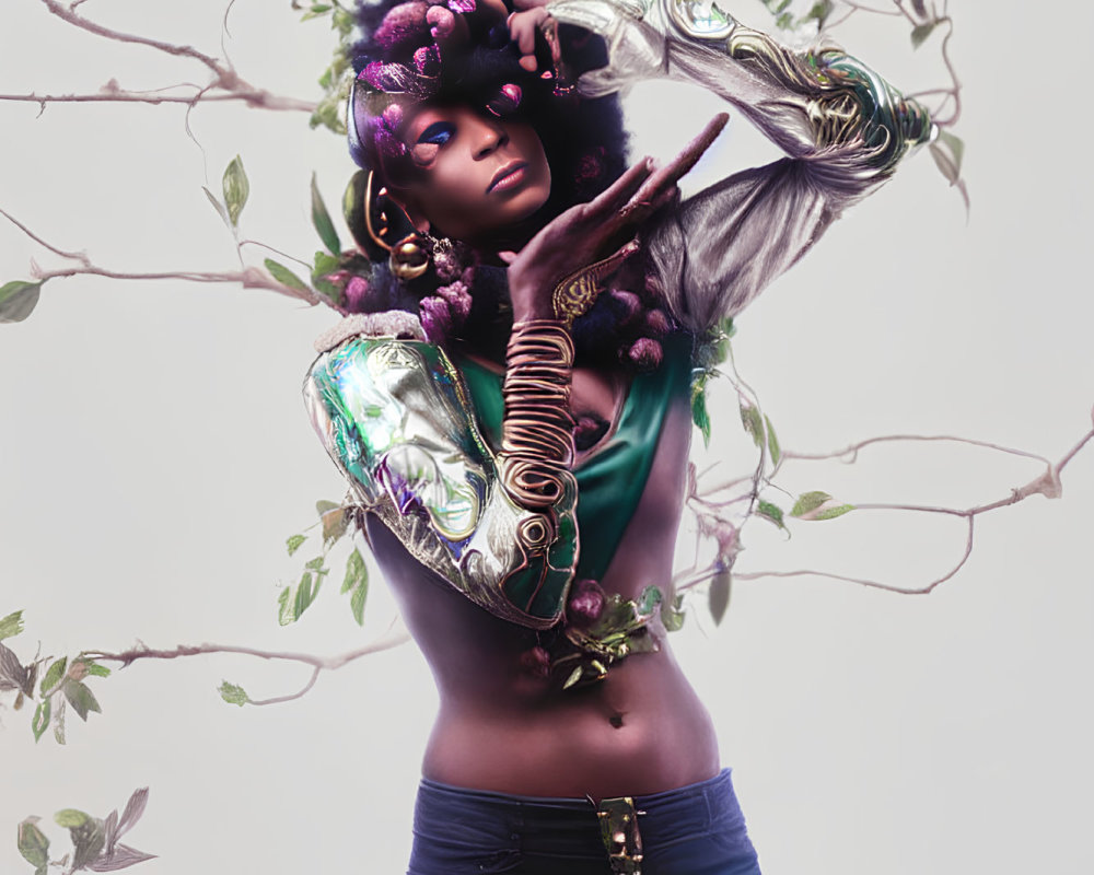 Purple-haired woman with grape-adorned hair in metallic cuff and green blouse, posing among twining