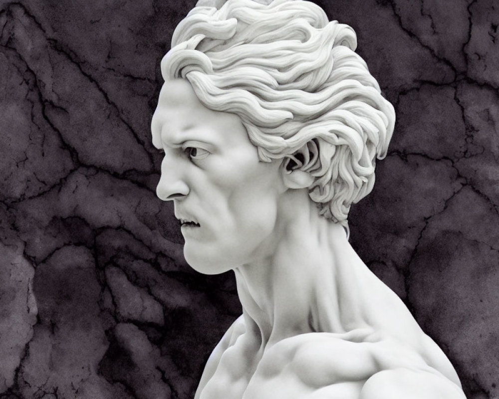 Classical male sculpture with detailed curly hair and muscular build on cracked stone background