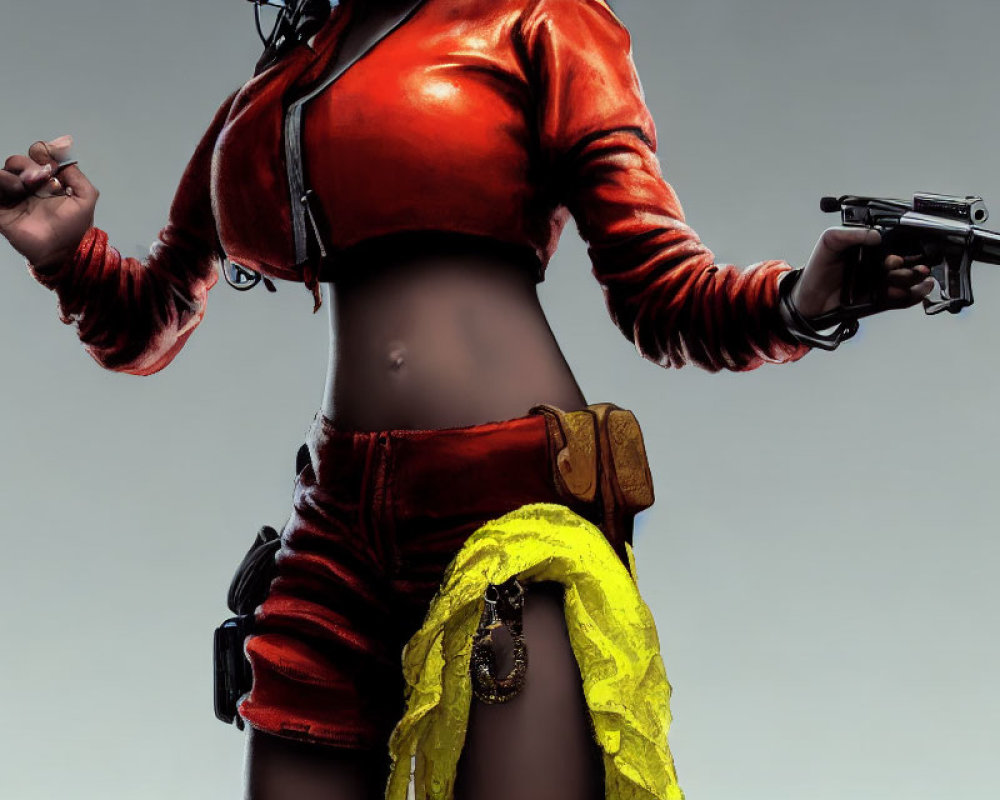 Person in Red Leather Outfit with Gun, Stylish Belt & Yellow Cloth Pose confidently