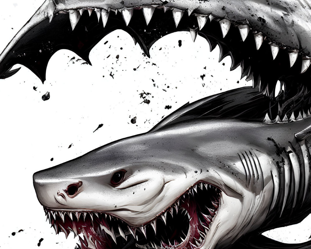 Stylized grayscale shark with sharp teeth and splatter effects