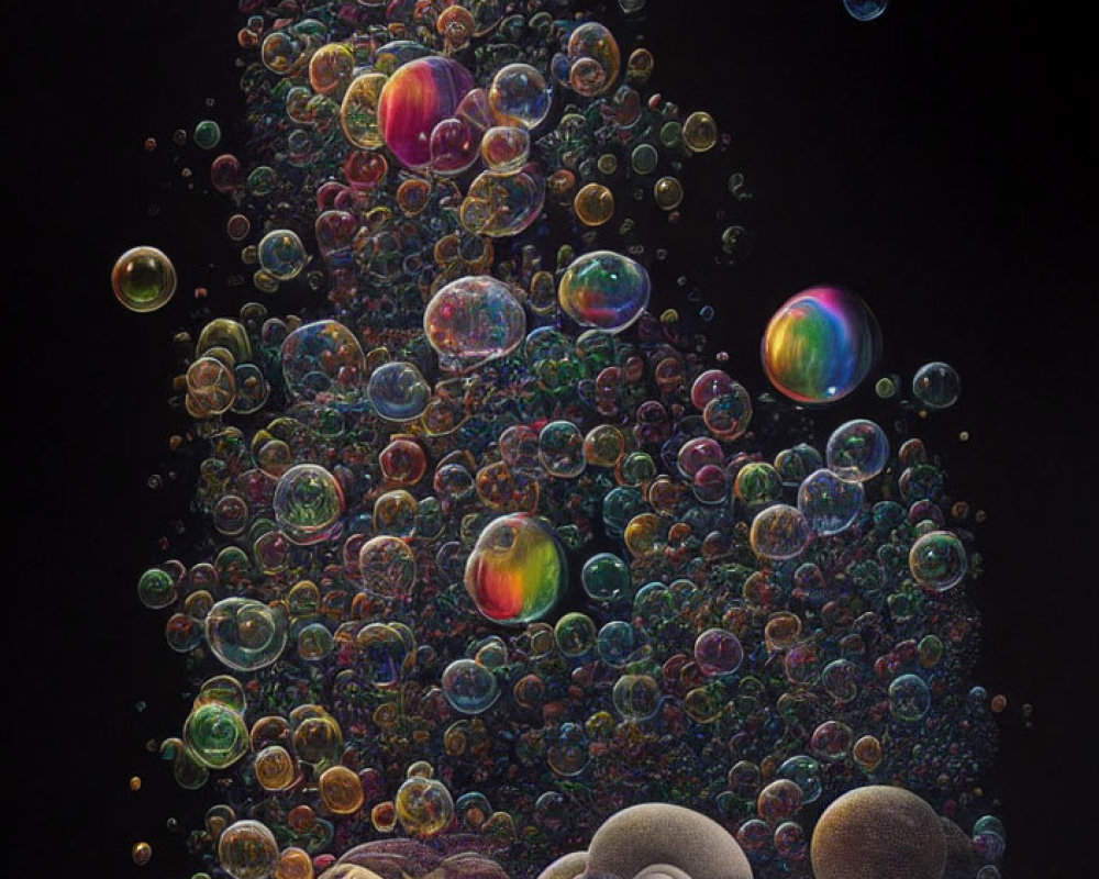 Colorful bubbles float around person in surreal artwork