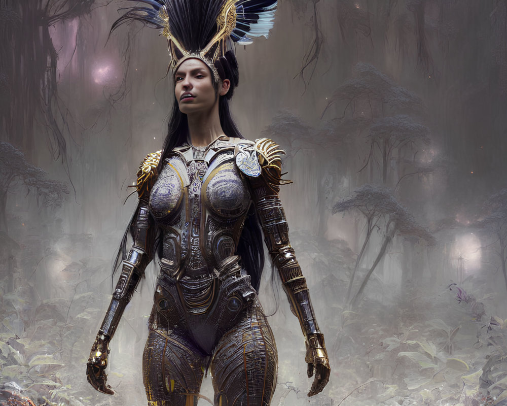 Warrior in feathered headpiece and armor in mystical forest with mist and tree roots