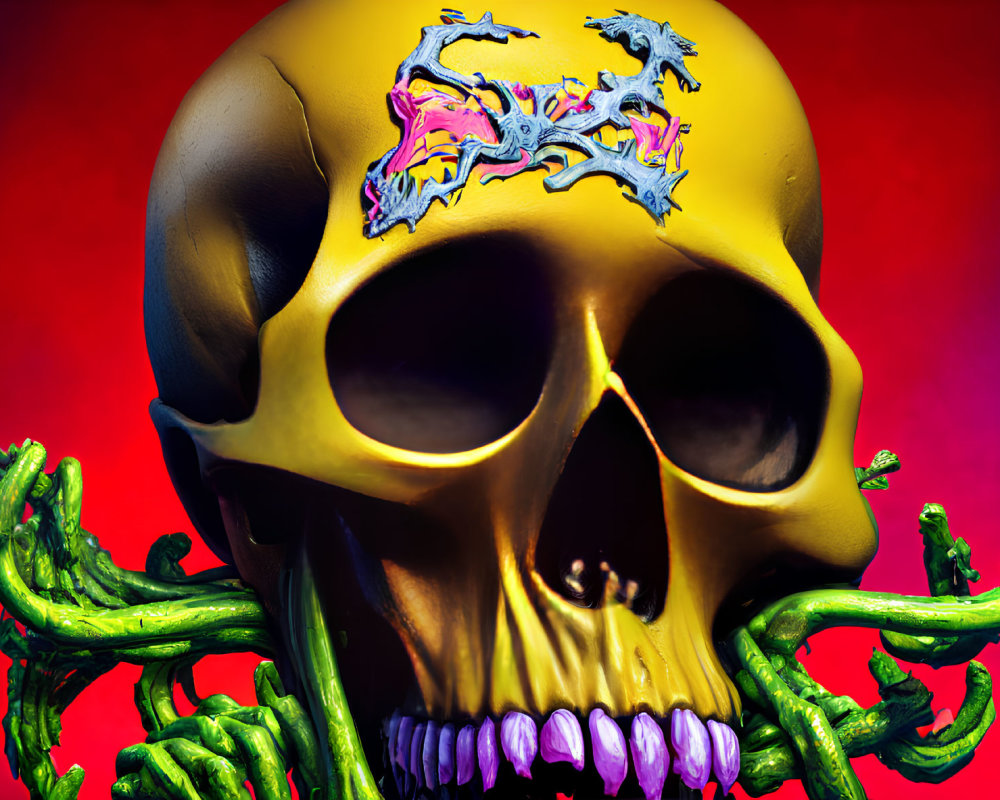 Vibrant skull art with gold, neon green tentacles, pink & blue dragon motif