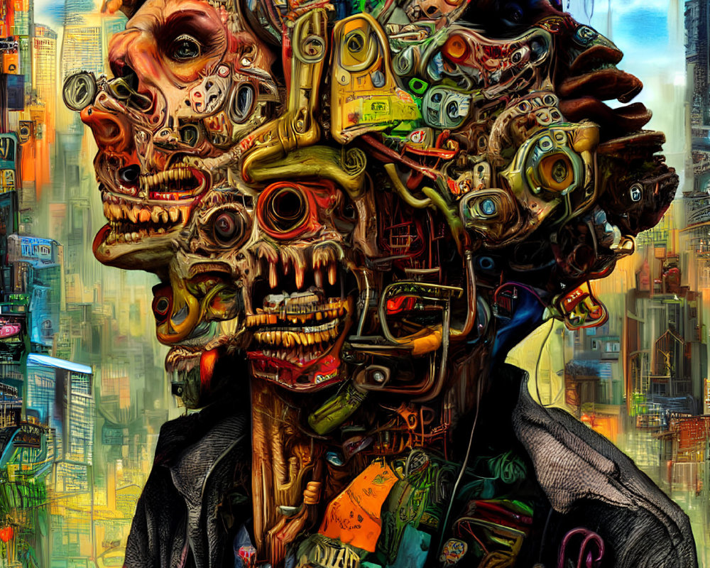 Surreal digital artwork: mechanical skull figure in futuristic cityscape