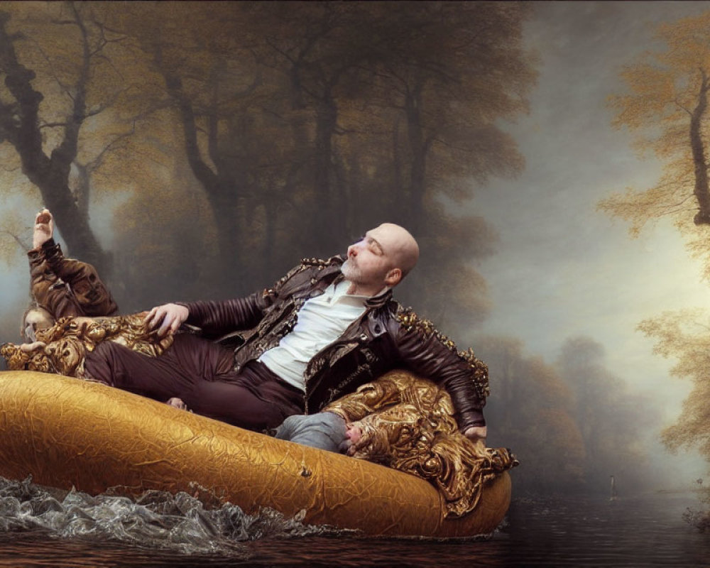 Man in casual attire reclining on gold-trimmed inflatable sofa in misty forest setting