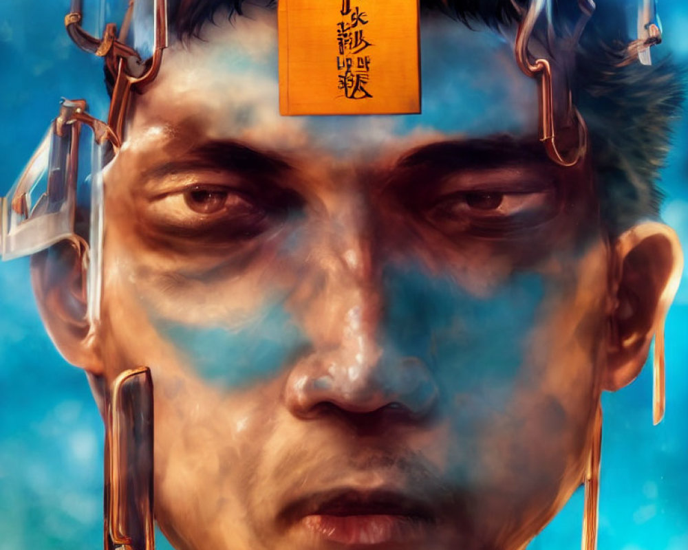 Close-up digital artwork: Man's face with blue skin, neck shackles, yellow talisman