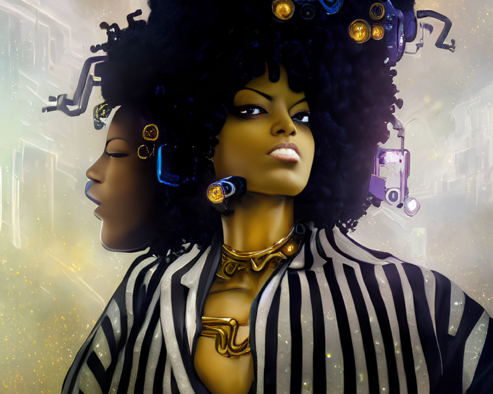 Futuristic digital art: Two women with cybernetic afro hairstyles on golden background