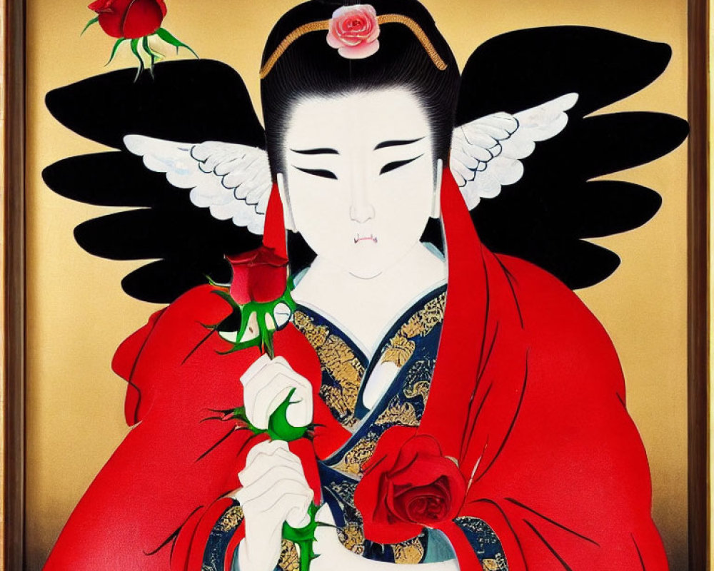 Colorful painting of a woman with wings and rose in traditional attire