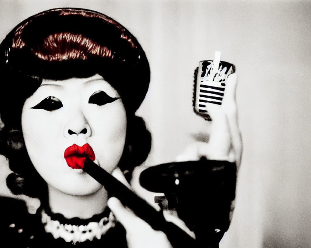Monochrome portrait with red lips and makeup brush, retro style.