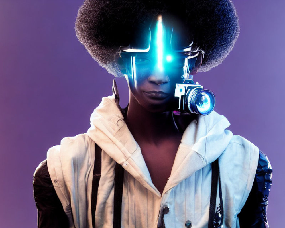 Futuristic person with neon visor and camera on purple background