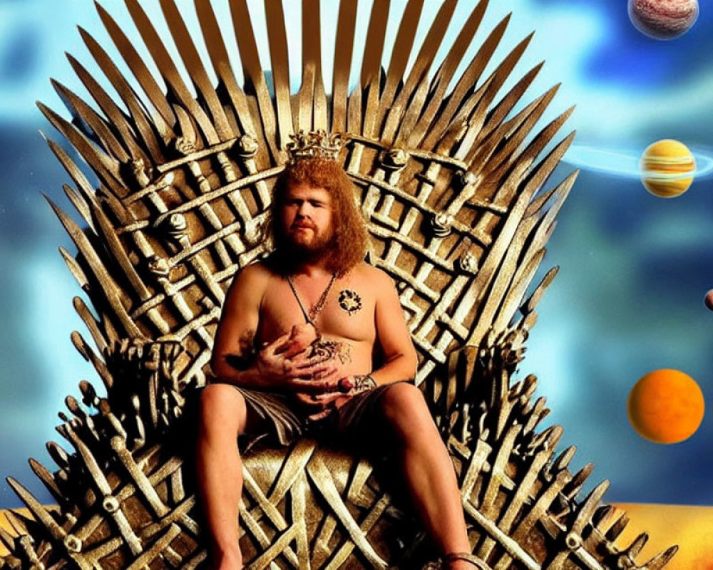 Man in Royal Attire on Iron Throne Against Cosmic Backdrop with Planets