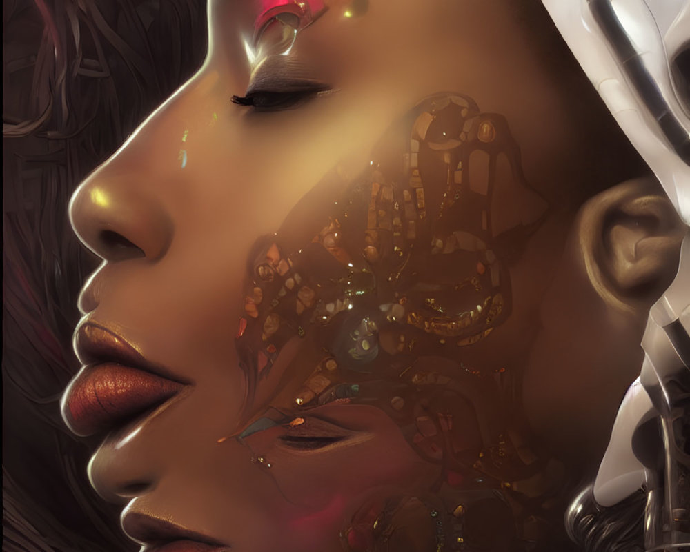 Digital artwork of a woman with cybernetic enhancements and warm color palette