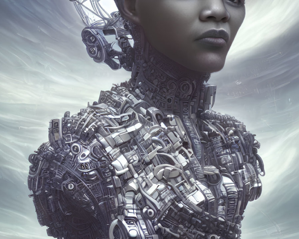 Mechanical figure with human face in futuristic cityscape