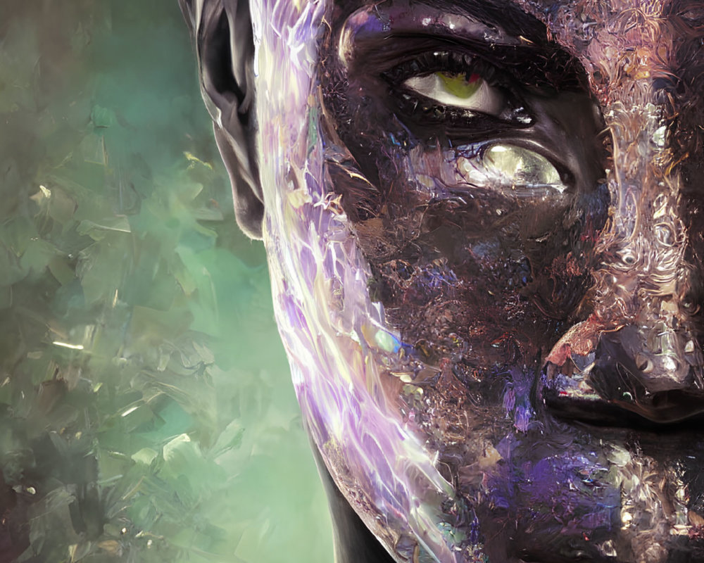 Vivid digital painting of a face with fracturing textures and intense gaze