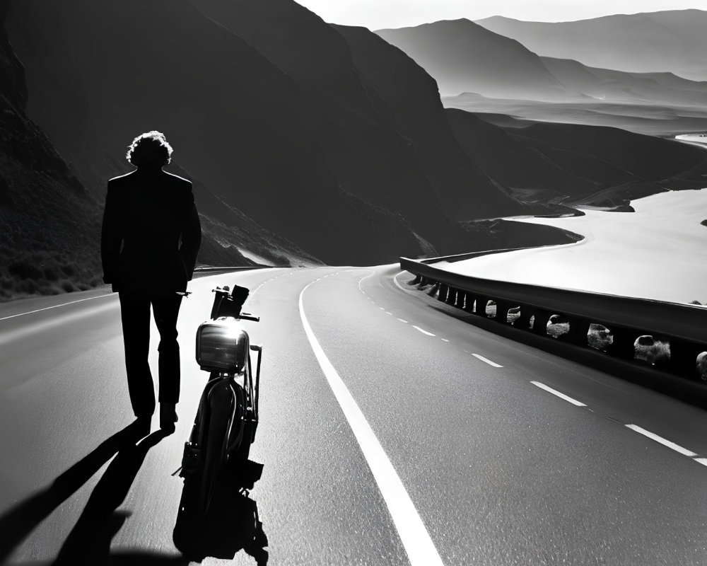 Person beside motorcycle on winding road with mountain views.