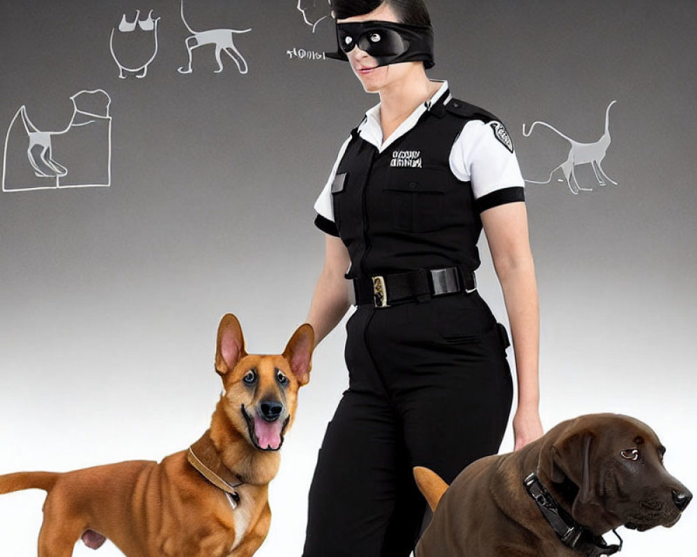 Person in Dog-Themed Superhero Costume with Two Dogs in Front of Cat and Dog Drawings