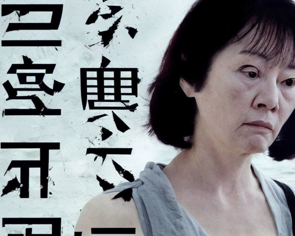 Asian woman in contemplative pose on movie poster with distressed text