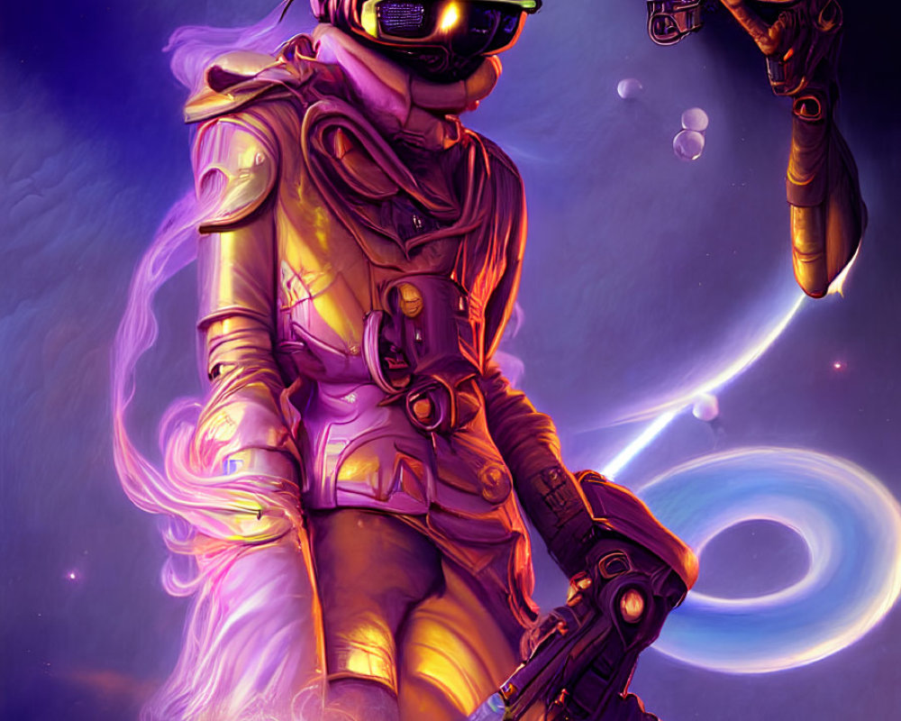 Golden-suited astronaut with gun in cosmic setting.