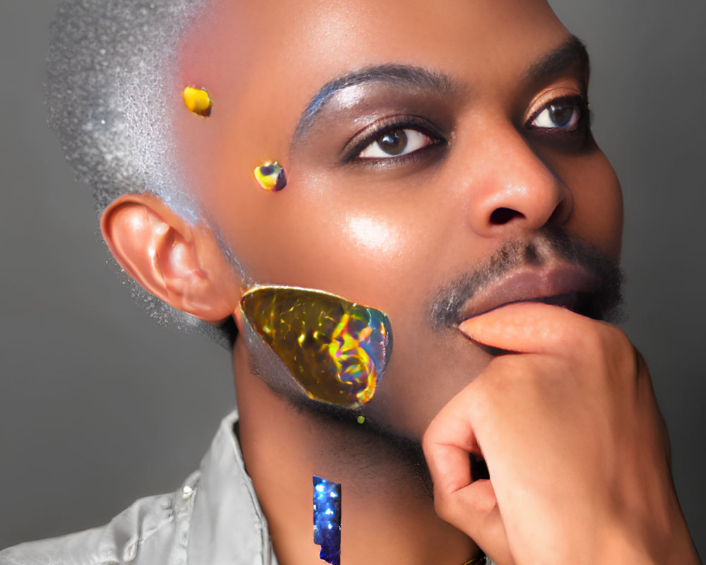 Portrait of individual with artistic makeup and colorful design on cheek and neck