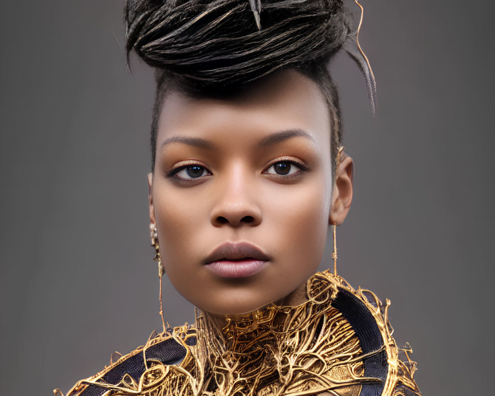 Intricate tall dreadlock hairstyle and golden neckpiece on woman.
