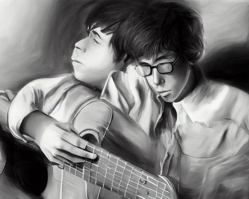 Monochromatic digital painting of two individuals with a guitar