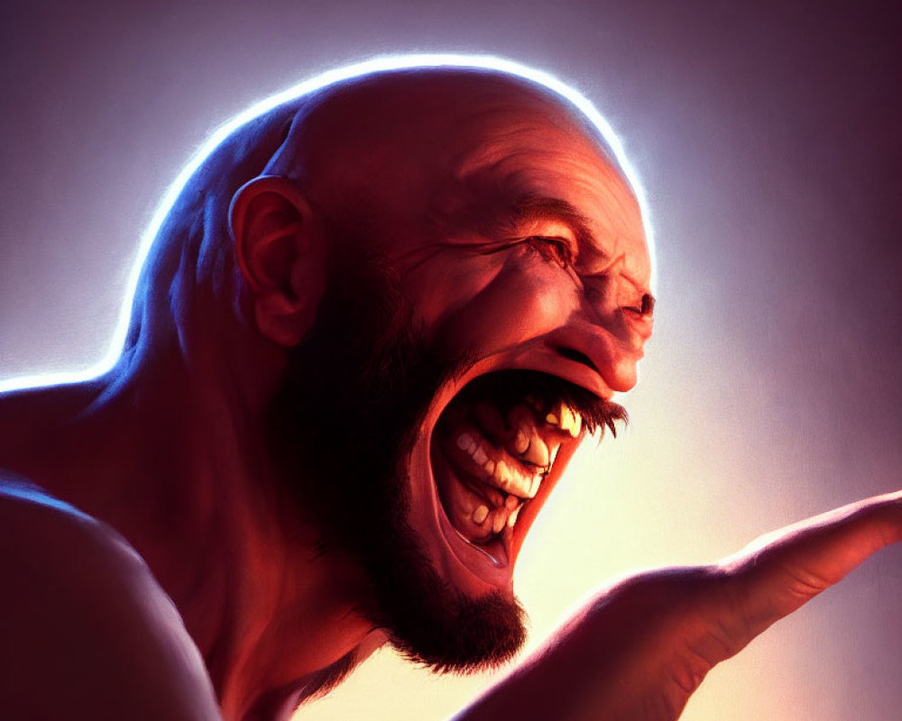 Intense man yelling with glowing outline portrait.