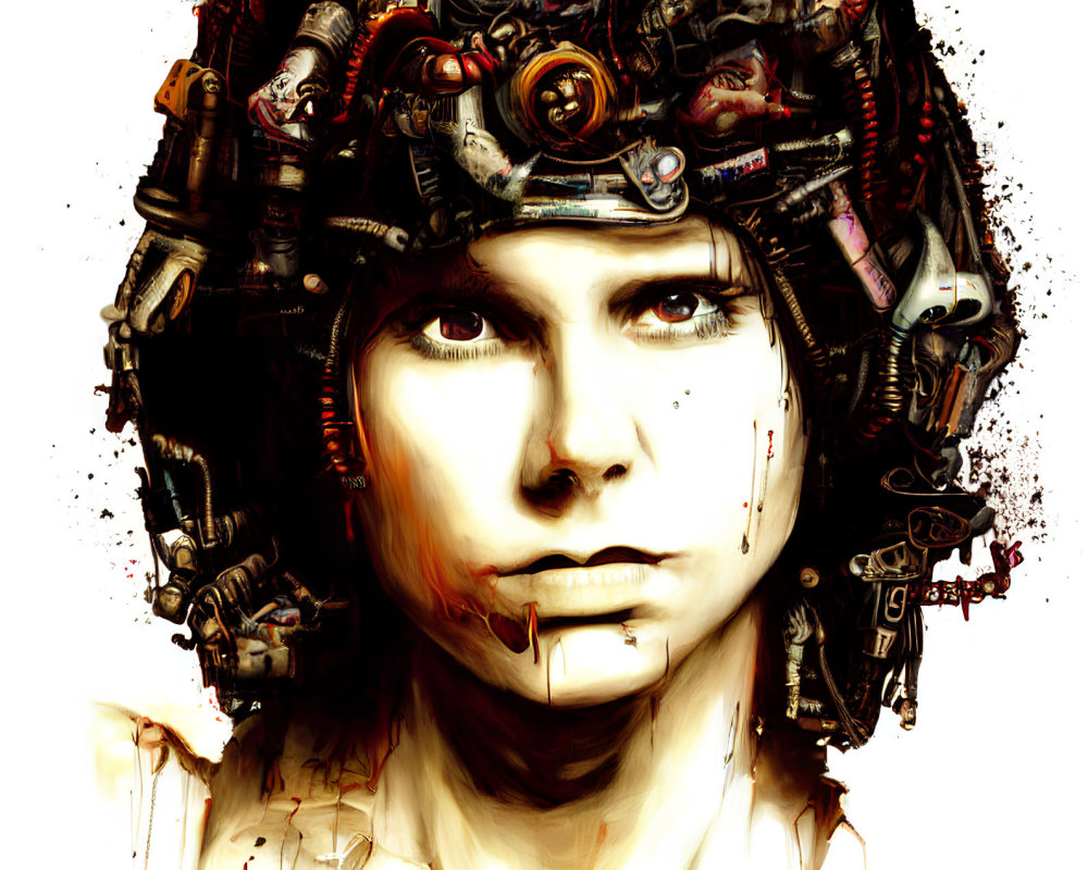 Digital artwork: Person with cyborg-like appearance, intricate mechanical components entwined with human features on