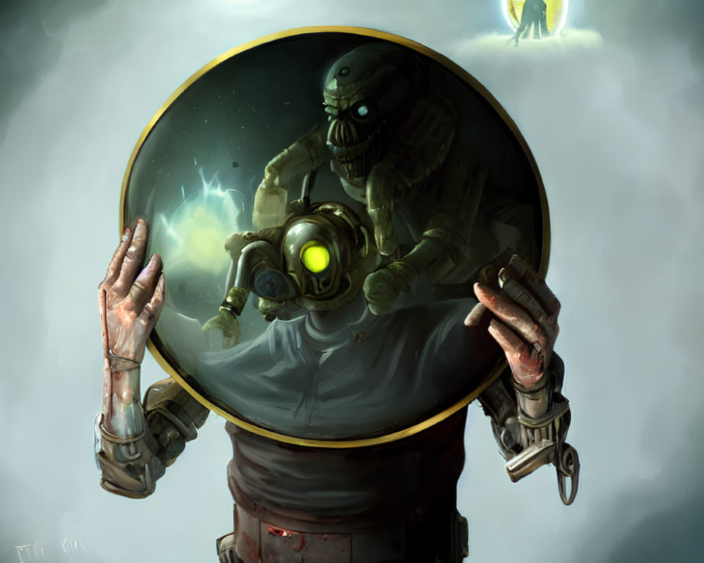 Oversized illuminated diving helmet and mechanical gloves in bulky suit, gazing at stylized glowing entity