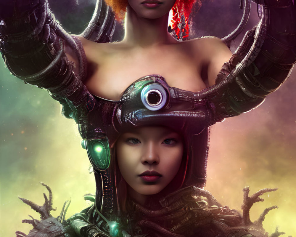 Futuristic digital artwork of two women with cybernetic enhancements