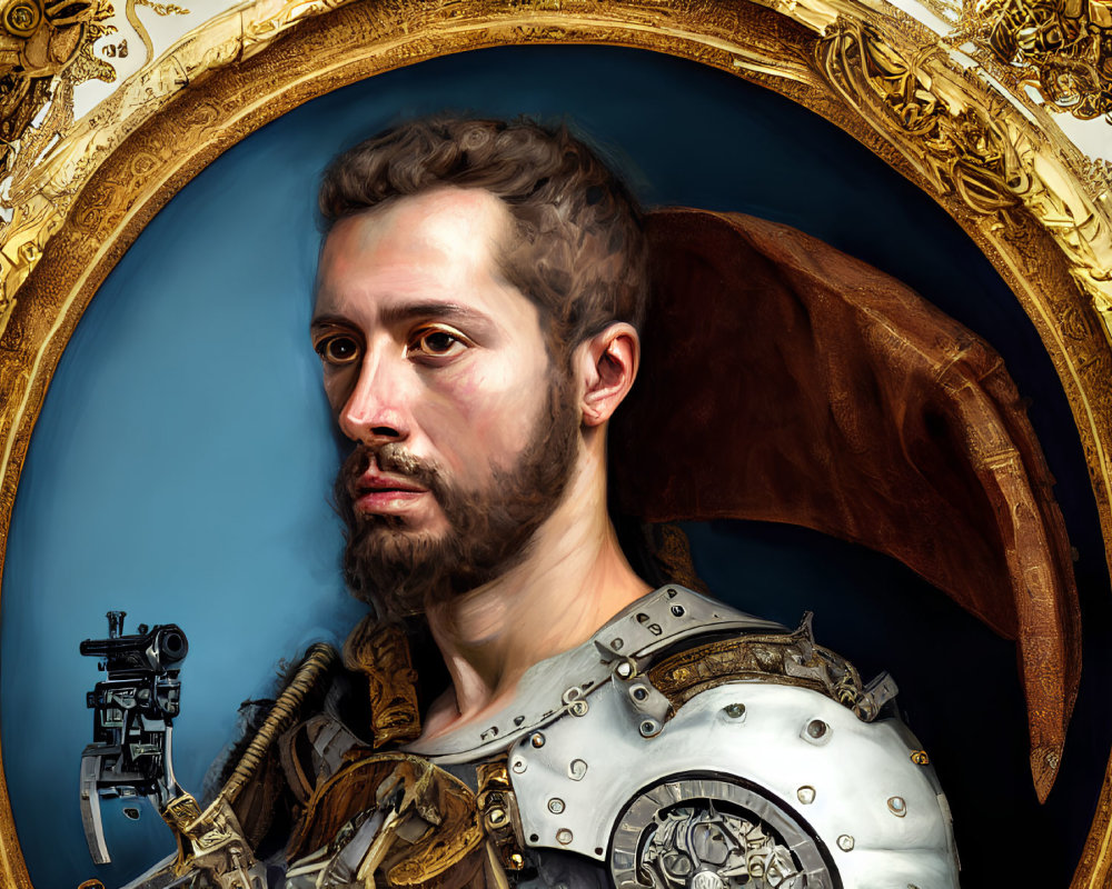 Futuristic armor portrait of a bearded man in ornate golden frame