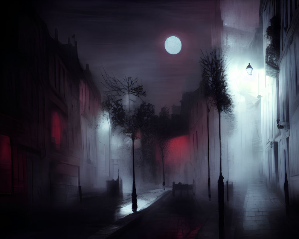 Misty Night Street Scene with Full Moon and Red Glowing Lights