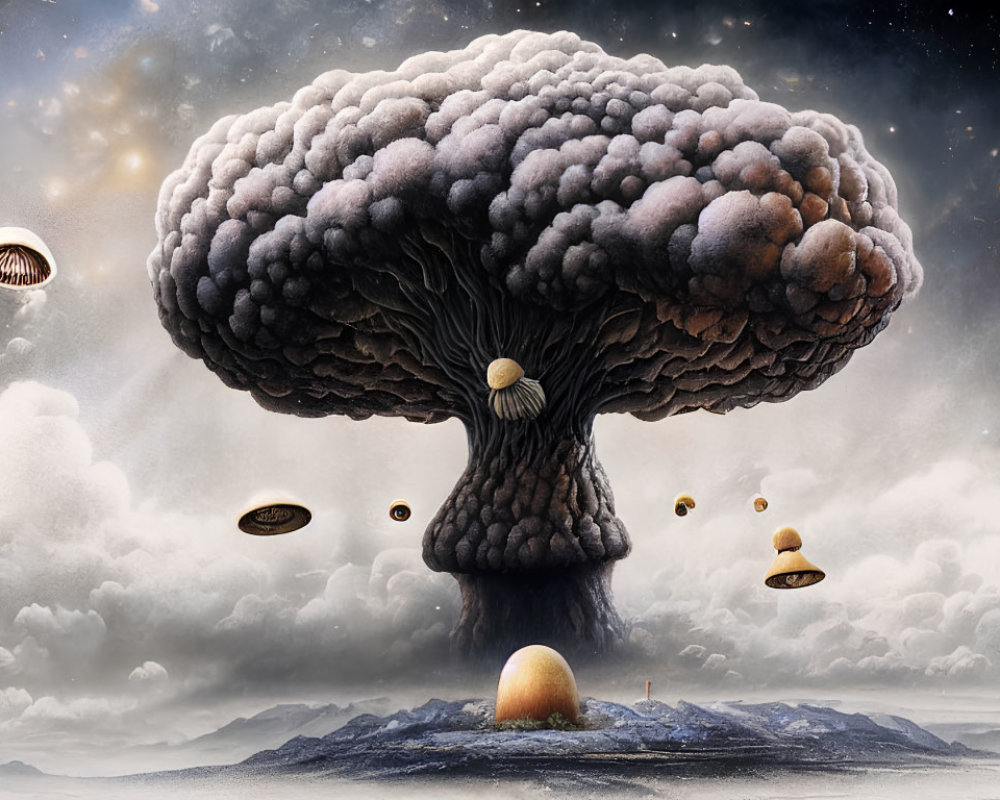 Surreal landscape with mushroom-shaped structure and flying saucers