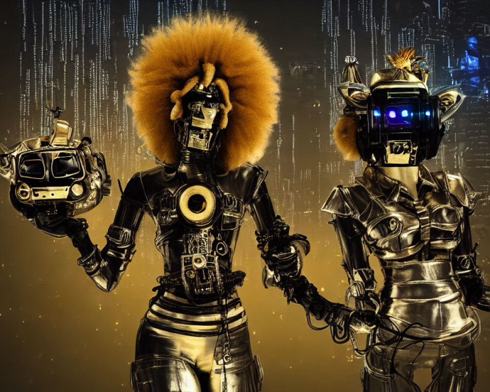 Three humanoid robots with unique head designs against futuristic backdrop.