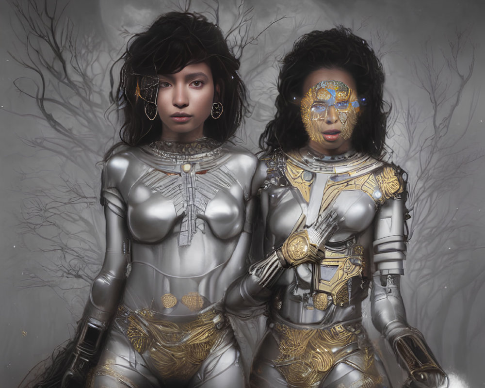 Two women in silver and gold armor suits in misty forest setting
