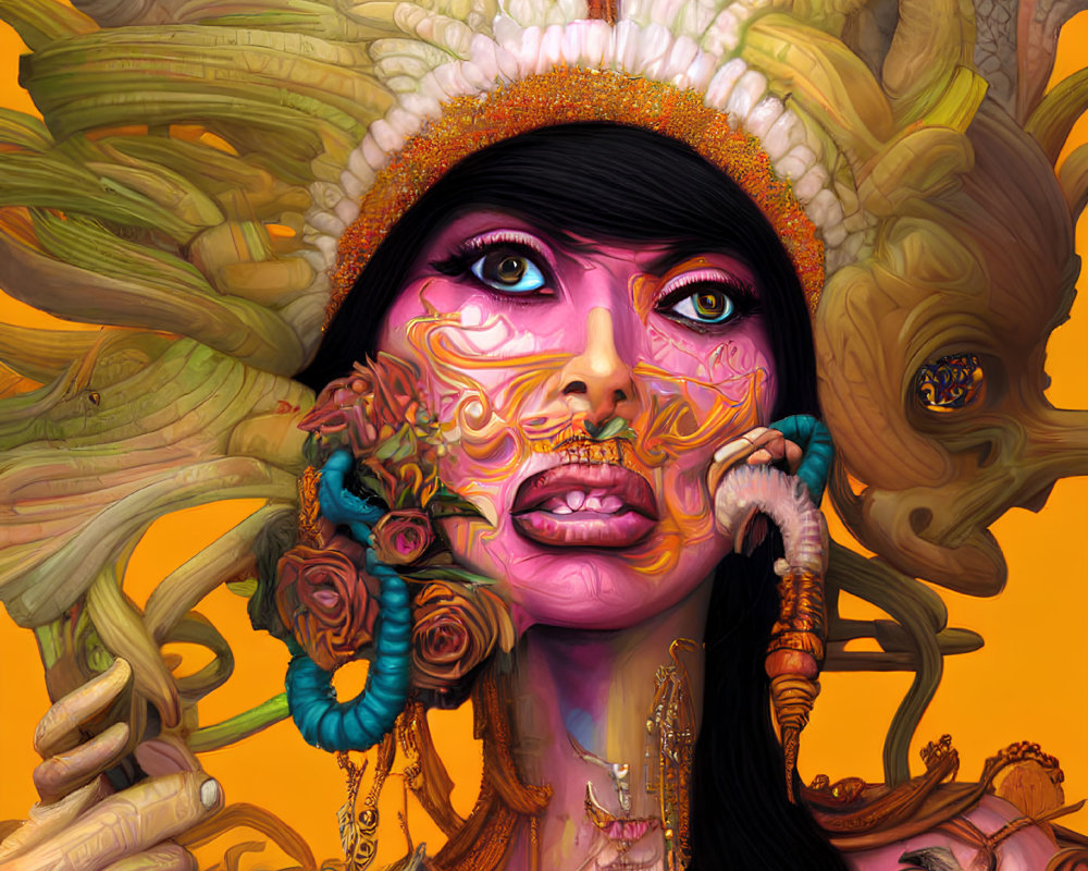 Vibrant digital artwork of woman with elaborate headdress and face paint