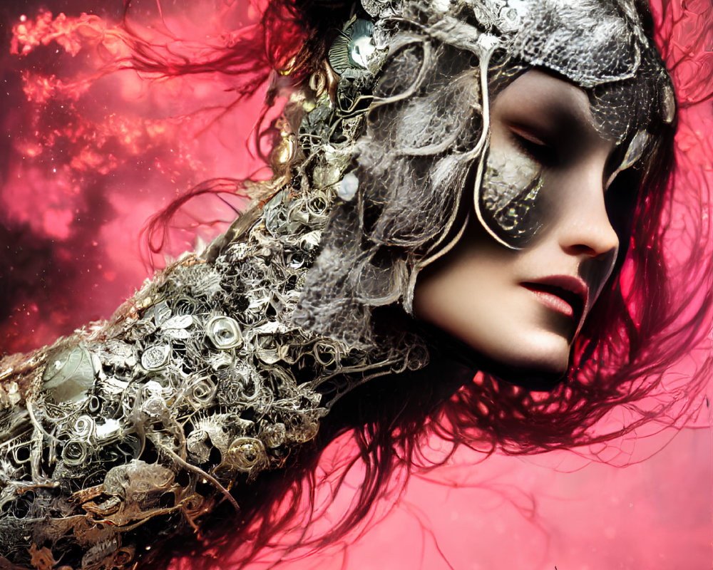 Elaborate metallic headpiece and garment on person against red backdrop