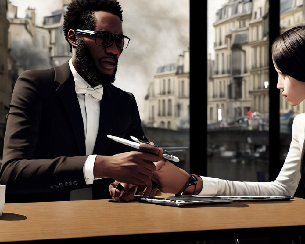 Businessman and woman having a meeting at table with cityscape backdrop.