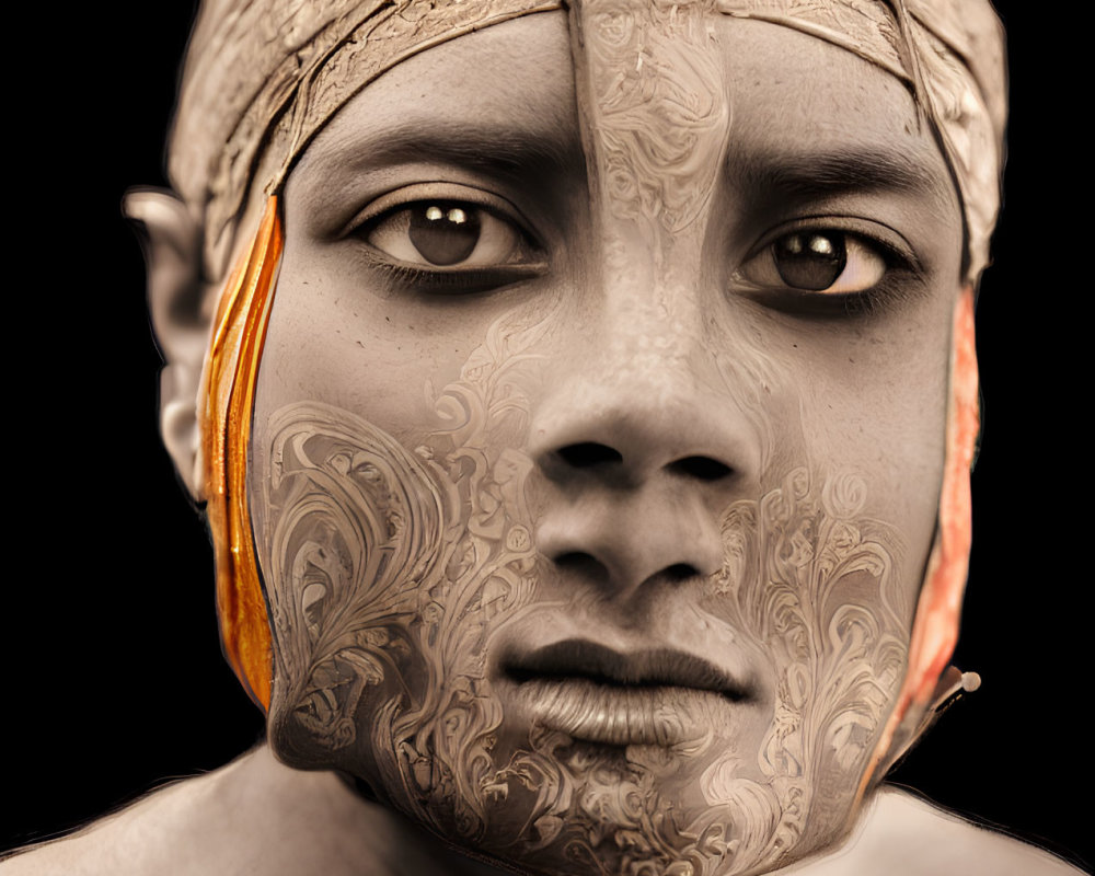 Person with ornate facial tattoos and headscarf in serious expression against black background