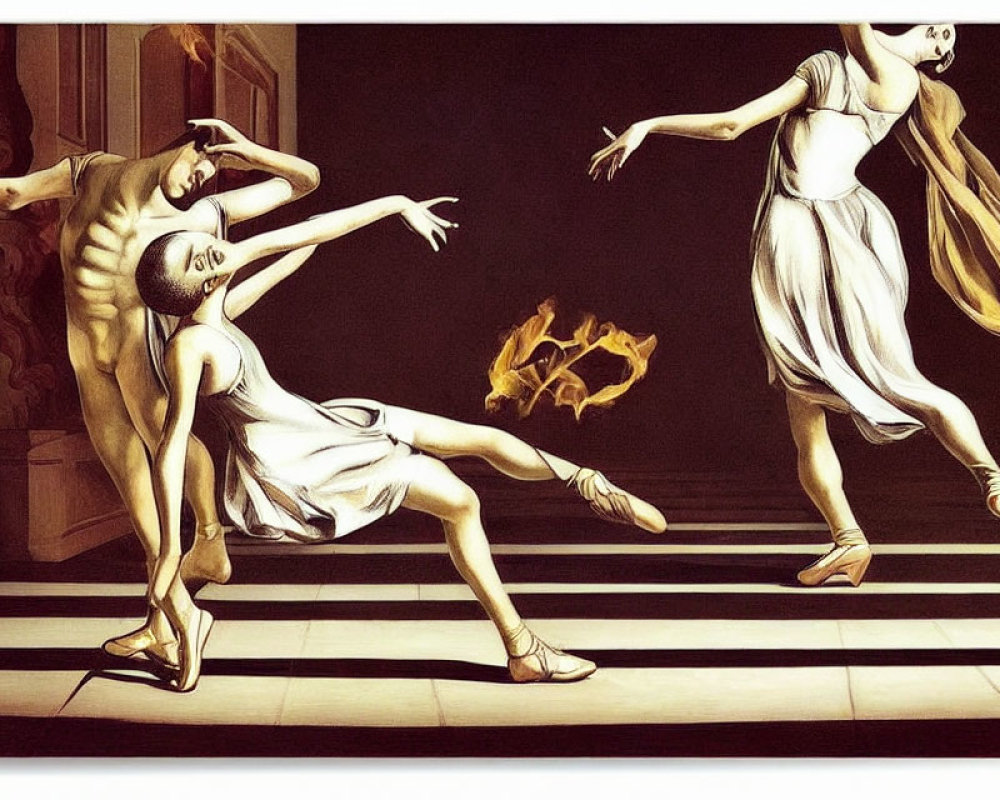 Digitally Altered Image of Three Ballet Dancers with Painted Architecture & Floating Flame