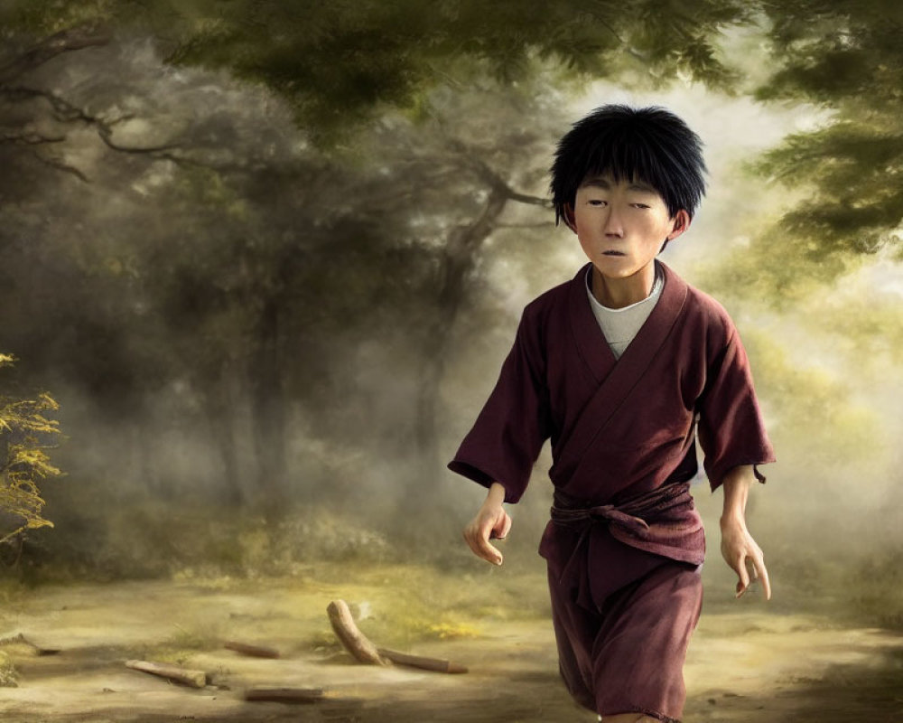 Young boy in red kimono running through misty forest clearing