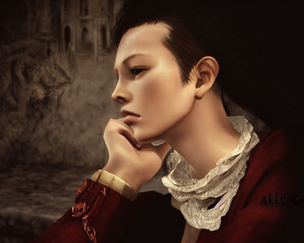 Portrait of a contemplative person in red attire with ruffled collar against stone background