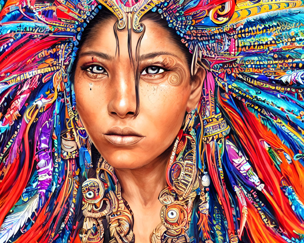 Colorful Portrait of Woman with Intricate Headdress and Markings