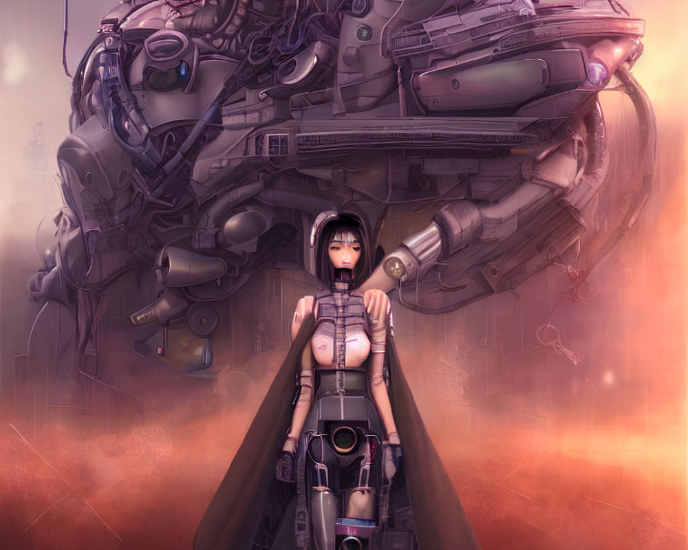 Dark-haired woman with large mech suit in reddish haze